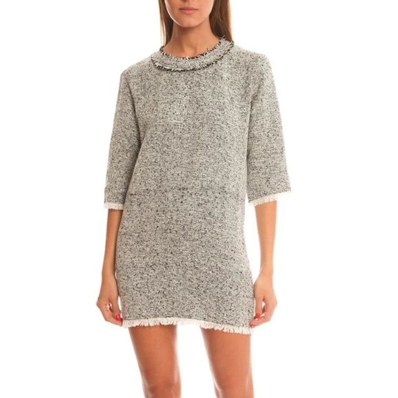 IRO Birnie Black And White Tweed Fringe Trim 3/4 Sleeve Dress Size 8 - Picture 1 of 10
